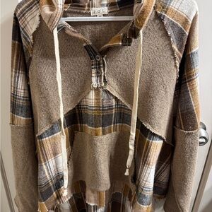 POL Plaid Hooded Jacket/Sweater in Brown and Cream